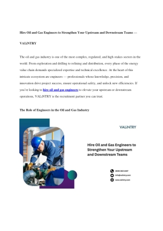 Hire Oil and Gas Engineers to Strengthen Your Upstream and Downstream Teams — VALiNTRY