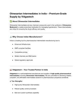 Olmesartan Intermediates in India – Premium-Grade Supply by Vidgastech