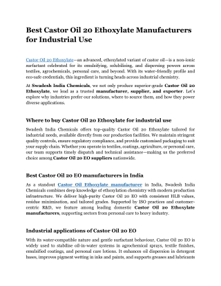 Best Castor Oil 20 Ethoxylate Manufacturers for Industrial Use
