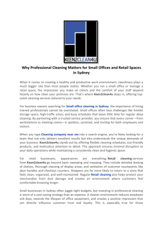Why Professional Cleaning Matters for Small Offices and Retail Spaces in Sydney