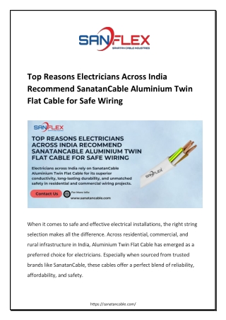 Top Reasons Electricians Across India Recommend SanatanCable Aluminium Twin Flat Cable for Safe Wiring