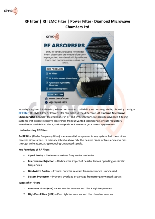 RF Filter - RFI EMC Filter - Power Filter - Diamond Microwave Chambers Ltd