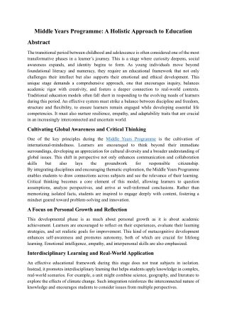 Middle Years Programme: A Holistic Approach to Education