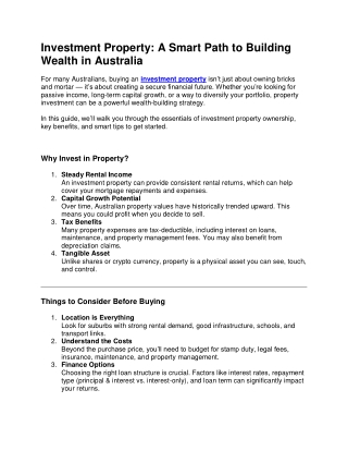 Investment Property A Smart Path to Building Wealth in Australia