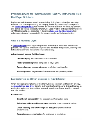 Precision Drying for Pharmaceutical R&D VJ Instruments’ Fluid Bed Dryer Solutions