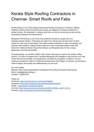 Kerala Style Roofing Contractors in Chennai- Smart Roofs and Fabs