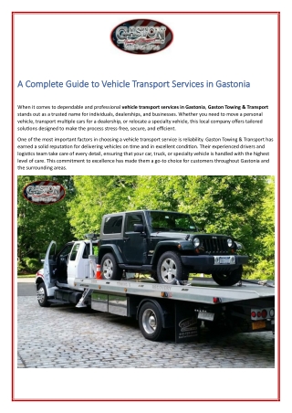 A Complete Guide to Vehicle Transport Services in Gastonia