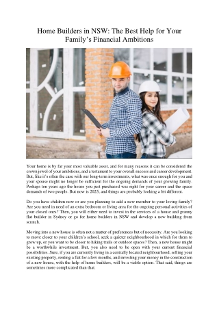 Home Builders in NSW: The Best Help for Your Family’s Financial Ambitions