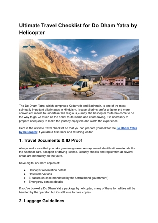 Complete Do Dham Yatra Package by Helicopter – Easy Travel Guide