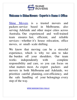 Welcome to shine movers - Experts in Home & Office Moves