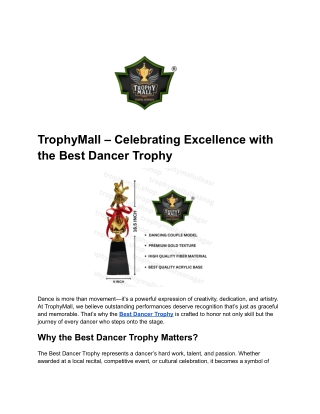TrophyMall – Elegant & Custom Best Dancer Trophy for Outstanding Performers