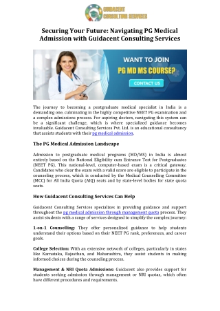 Securing Your Future Navigating PG Medical Admission with Guidacent Consulting Services