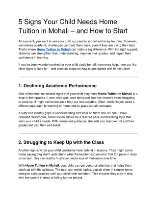 5 Signs Your Child Needs Home Tuition in Mohali – and How to Start