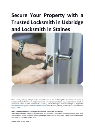Secure Your Property with a Trusted Locksmith in Uxbridge and Locksmith in Staines