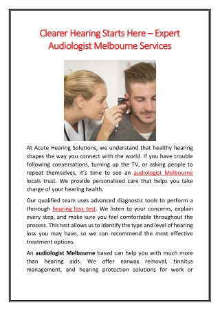Clearer Hearing Starts Here – Expert Audiologist Melbourne Services