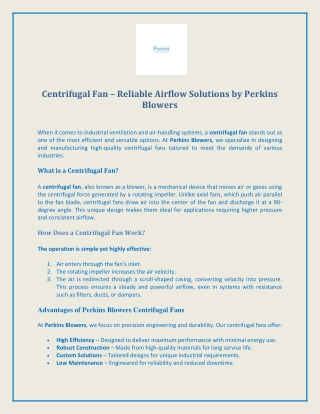 Centrifugal Fan Reliable Airflow Solutions by Perkins Blowers