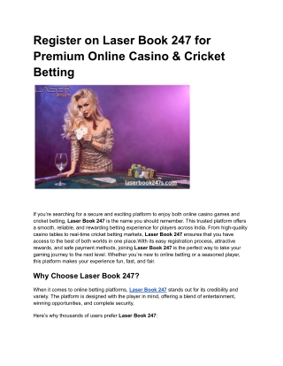 Register on Laser Book 247 for Premium Online Casino & Cricket Betting