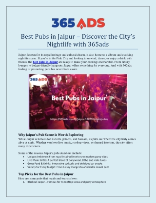 Best Pubs in Jaipur – Discover the City’s Nightlife with 365ads