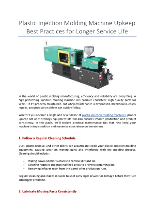 Plastic Injection Molding Machine Upkeep Best Practices for Longer Service Life