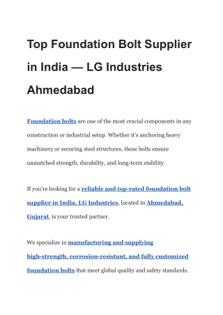 Top Foundation Bolt Supplier in India — LG Industries Ahmedabad