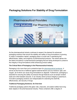 Innovative Packaging Solutions For Stability of Drug Formulation