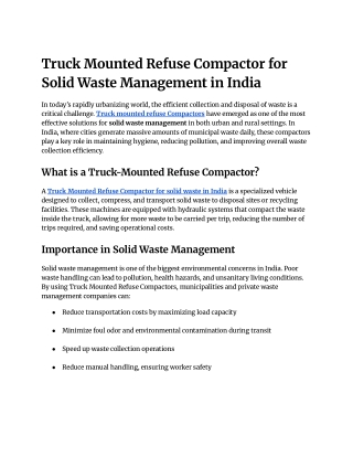 Truck Mounted Refuse Compactor for Solid Waste Management in India