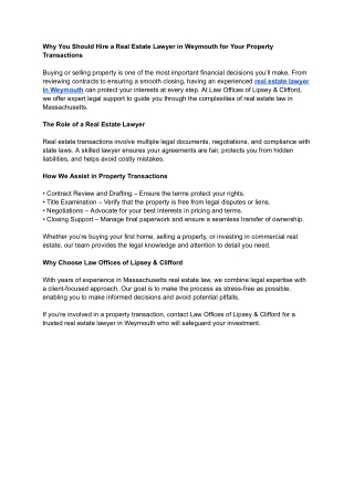 Why You Should Hire a Real Estate Lawyer in Weymouth for Your Property Transactions