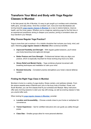 Transform Your Mind and Body with Yoga Regular Classes in Mumbai