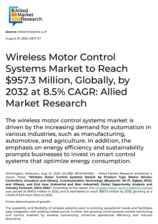 Wireless Motor Control Systems Market to Reach $957.3 Million