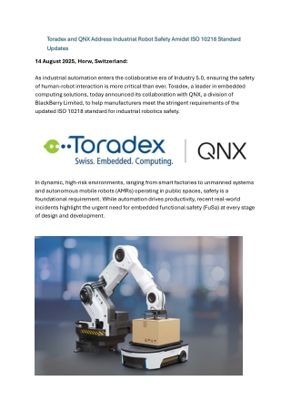Toradex and QNX Address Industrial Robot Safety Amidst ISO 10218 Standard Updates