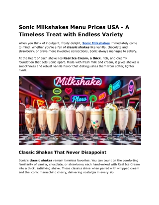 Sonic Milkshakes Menu Prices USA