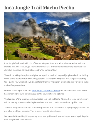 Inca Jungle Trek to Machu Picchu