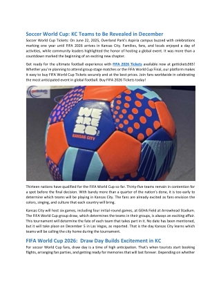 Soccer World Cup KC Teams to Be Revealed in December