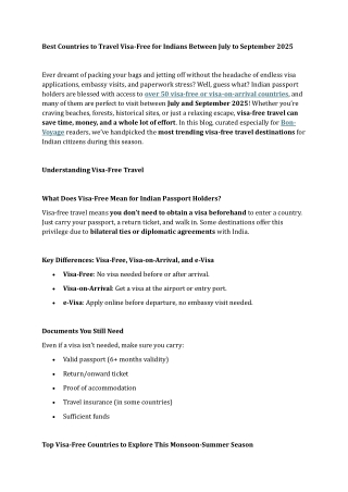 Best Countries to Travel Visa-Free for Indians Between July to September 2025