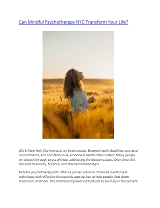Can Mindful Psychotherapy NYC Transform Your Life