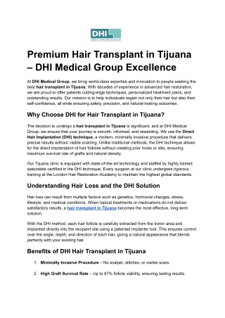 Premium Hair Transplant in Tijuana – DHI Medical Group Excellence