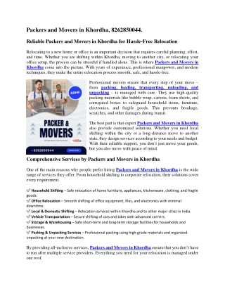 Packers and Movers in Khordha, 8262850044.