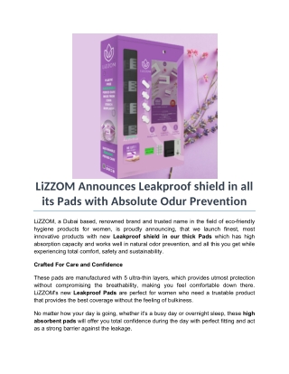 LiZZOM Announces Leakproof shield in all its Pads with Absolute Odur Prevention