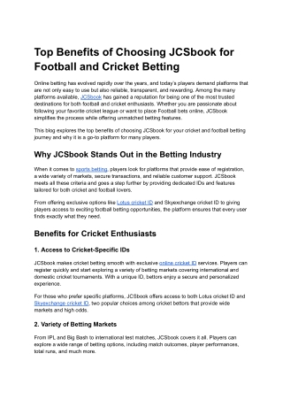Top Benefits of Choosing JCSbook for Football and Cricket Betting