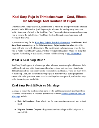 Kaal Sarp Puja In Trimbakeshwar – Cost, Effects On Marriage And Contact Of Pujari