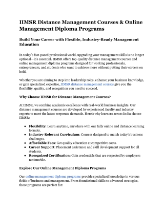 IIMSR Distance Management Courses & Online Management Diploma Programs