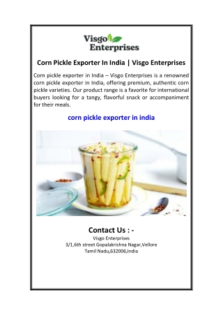 Corn Pickle Exporter In India  Visgo Enterprises