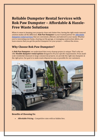 Reliable Dumpster Rental Services with Rok Paw Dumpster – Affordable & Hassle-Fr