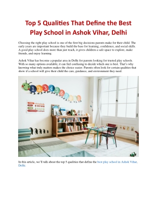 Top 5 Qualities That Define the Best Play School in Ashok Vihar