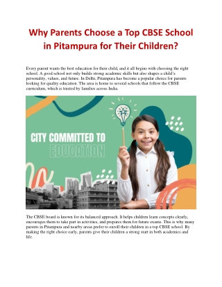 Why Parents Choose a Top CBSE School in Pitampura for Their Children