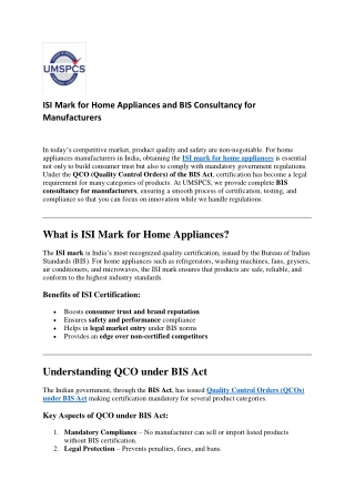 ISI Mark for Home Appliances and BIS Consultancy for Manufacturers