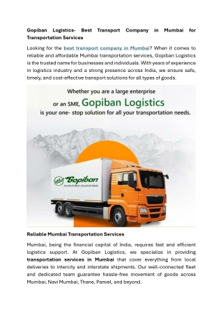 Gopiban Logistics- Best Transport Company in Mumbai for Transportation Services