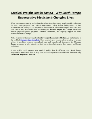 Medical Weight Loss in Tampa - Why South Tampa Regenerative Medicine Is Changing Lives