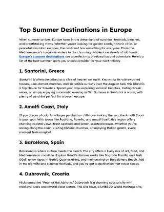 Top Summer Destinations in Europe