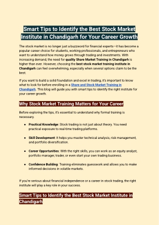 Smart Tips to Identify the Best Stock Market Institute in Chandigarh for Your Career Growth